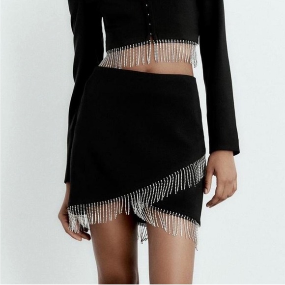 NWT Zara black mini skirt with silver rhinestone fringe detail - Picture 2 of 9